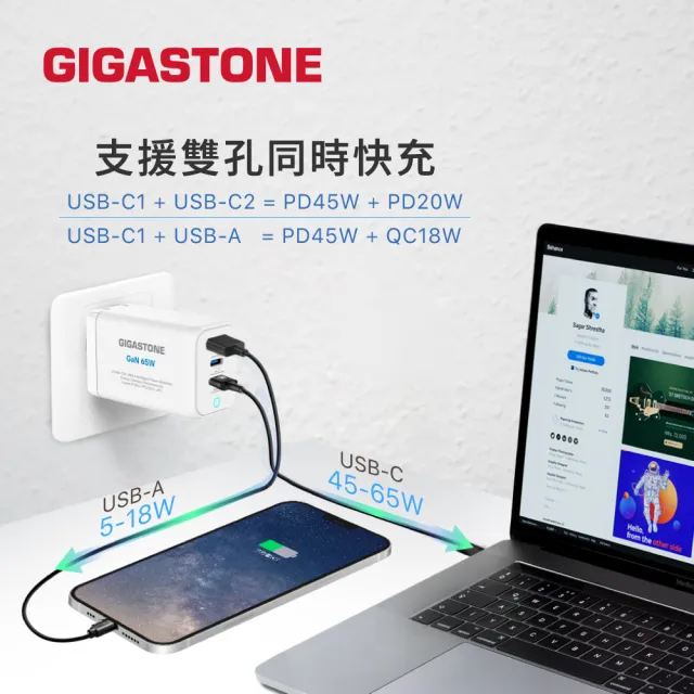 【Gigastone 立達國際】2入組 65W GaN氮化鎵三孔USB-C充電器PD-7656 (支援iPhone18/手機/平板/筆電快充)