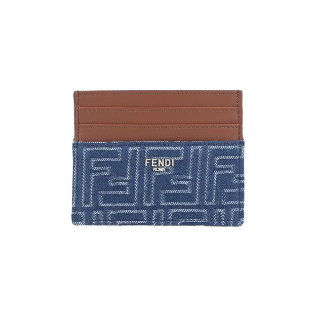 【FENDI 芬迪】FF Logo 棉質牛仔布及皮革6卡名片夾/卡片夾(單寧藍)