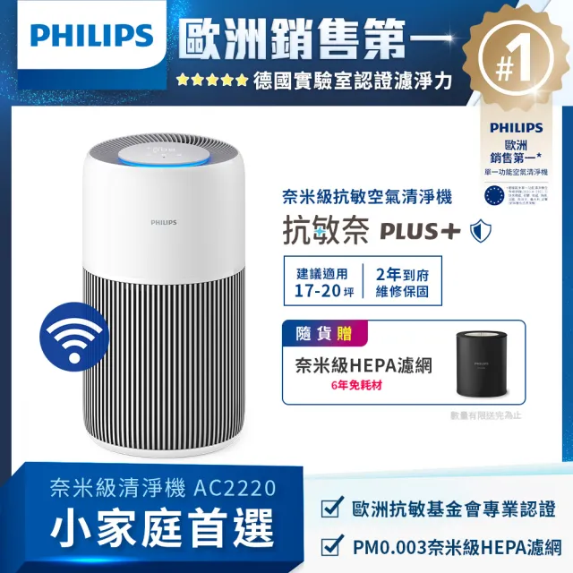 【Philips 飛利浦】2026年度新機！奈米級抗敏空氣清淨機★適用17-20坪(AC2220/80)
