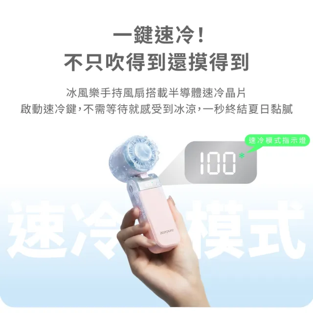 【acerpure】COZY HF3 輕量折疊冰感高速手持風扇 HF316-10(P) 櫻花粉 (BSMI認證/3用掛繩/100段風速)
