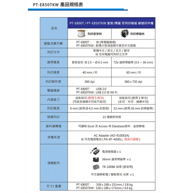 【brother】官方直營 標籤帶任選x5★PT-E850TKW 雙列印模組 單機/電腦兩用線號印字機