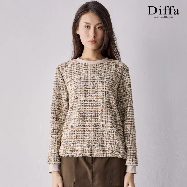 【Diffa】卡其花紗小香風抽繩上衣-女