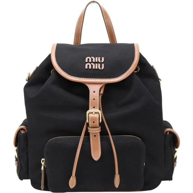 【MIU MIU】大款 明線字母 帆布x牛皮 翻蓋抽繩後背包(黑色 5BZ042 通勤包 雙肩包)