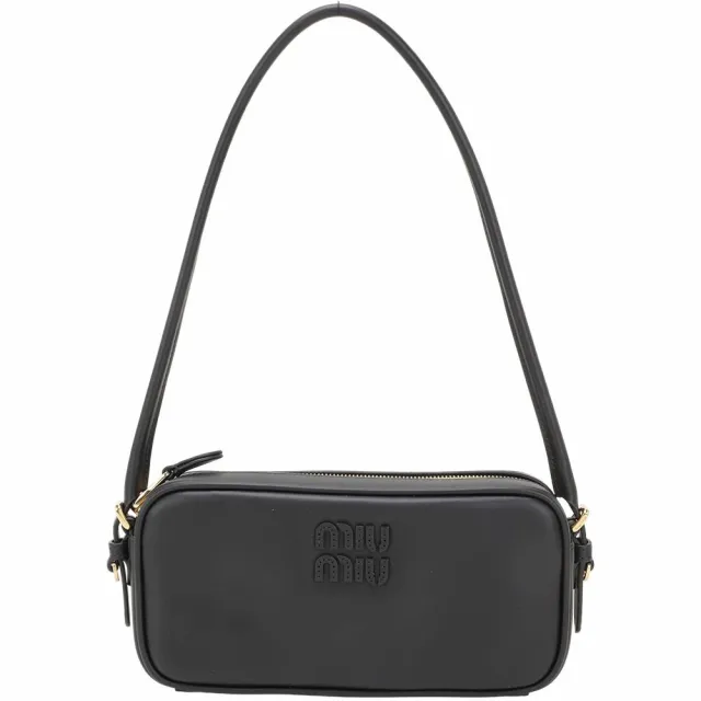 【MIU MIU】字母浮雕小牛皮手提化妝袋 肩背包(黑色 腋下包 相機包)