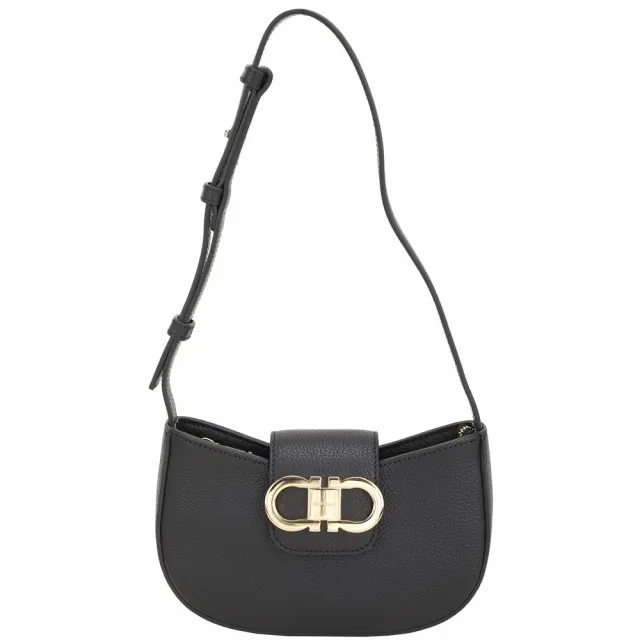 【Salvatore Ferragamo】Double Gancini 馬蹄標誌壓紋小牛皮肩背腋下包(黑色 真皮 手提包)