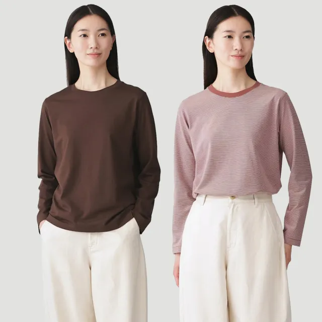 【MUJI 無印良品】女天竺圓領長袖T恤(白色/黑色/綠色/棕色/黑紋樣/磚紅紋樣/綠紋樣/灰棕紋樣)