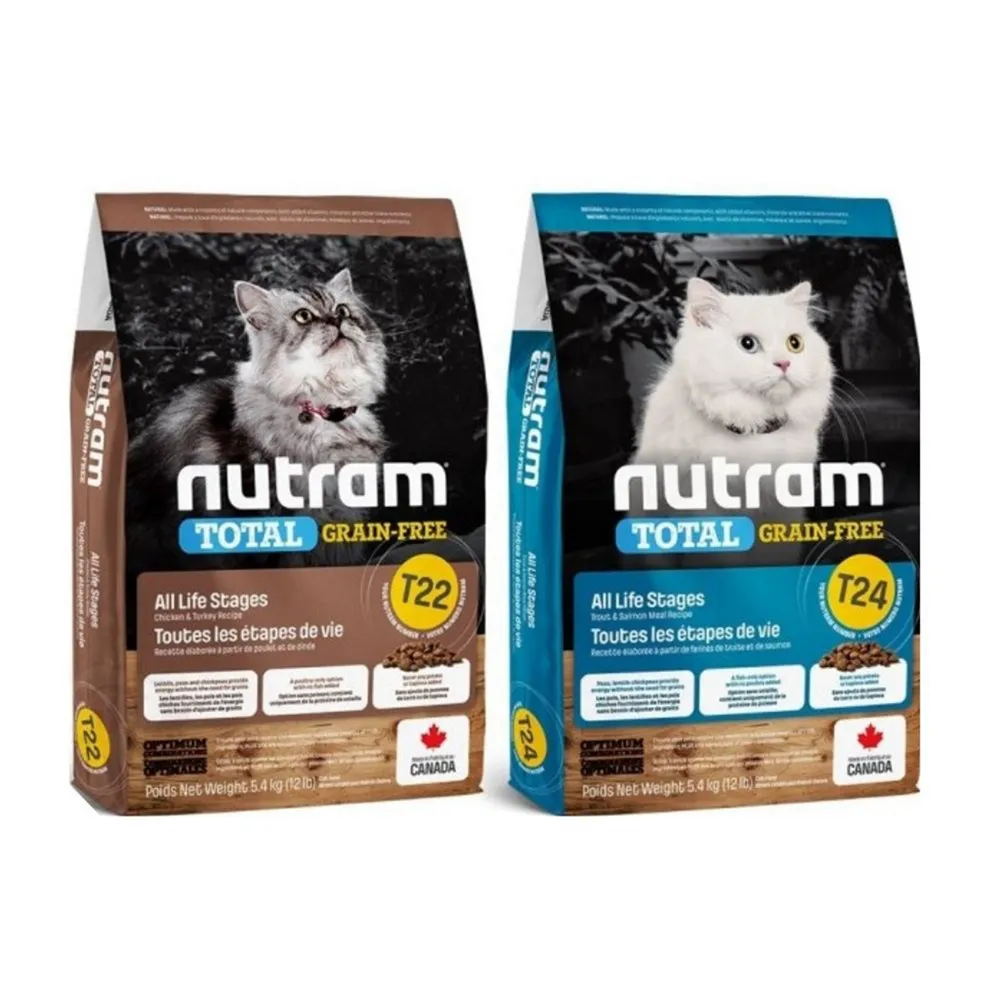 即期品【Nutram 紐頓】全能系列T22/T24無穀挑嘴全齡貓飼料5.4kg/12lb(貓乾糧、無穀貓糧)