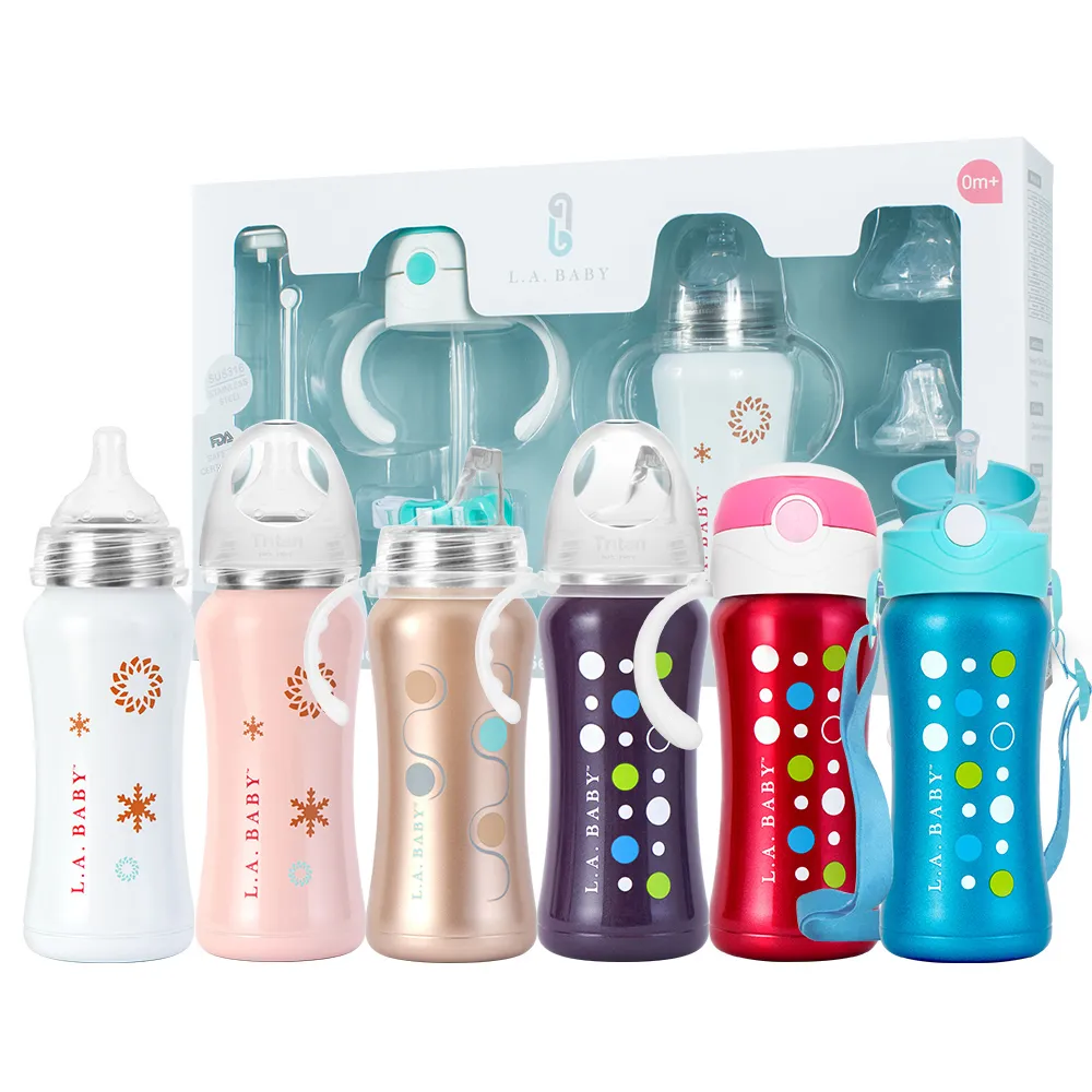 【L.A. Baby】四階段316超輕不鏽鋼保溫奶瓶成長禮盒組270ml 15件組(珍珠白)