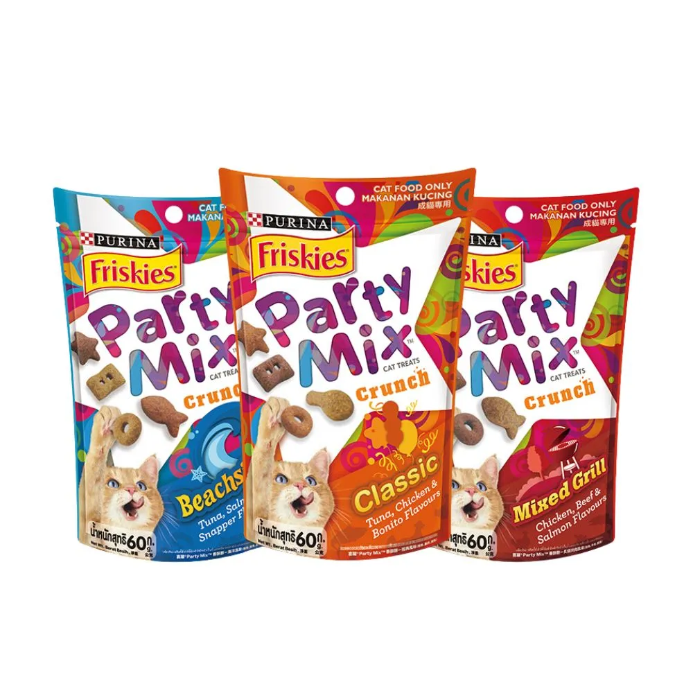 moPro限定【Friskies 喜躍】Party Mix 香酥餅 60gx3包(貓零食 貓餅乾)