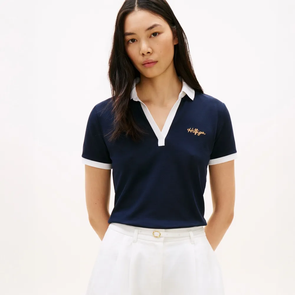 【TOMMY HILFIGER】官方旗艦館標誌刺繡開領 Polo 衫_藍色