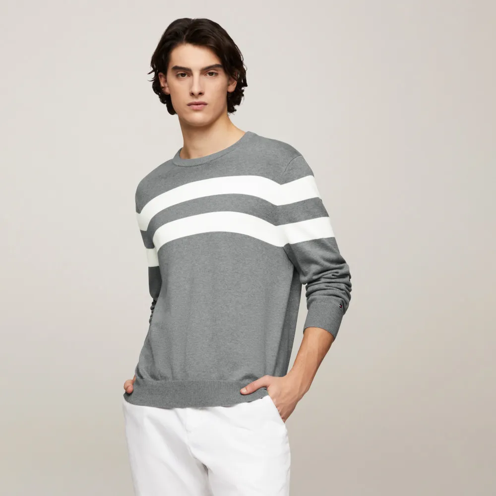 【TOMMY HILFIGER】官方旗艦館 條紋圓領針織毛衣_灰色