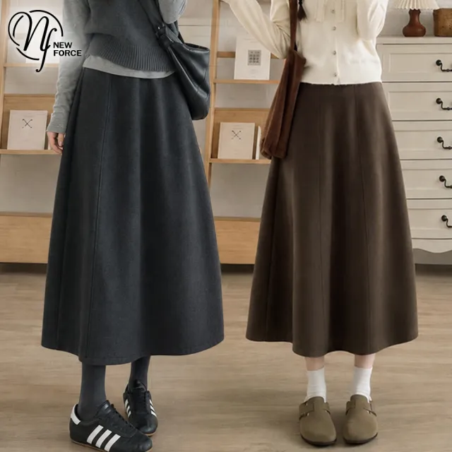 【NEW FORCE】日系簡約暖柔羊毛呢中長裙(南瓜裙/A字裙/裙子/女裙子/中長裙/秋冬長裙裙裝/修身顯瘦)