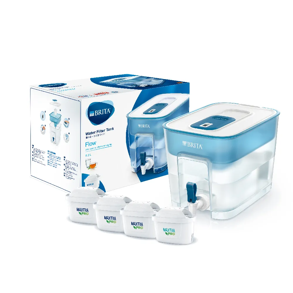 【BRITA】官方直營 Flow濾水箱藍色+MXPRO去水垢3入濾芯(共1壺4芯)
