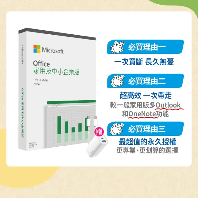 【Microsoft 微軟】65W充電器+線★Microsoft Office 2024 家用及中小企業中文版 盒裝(軟體拆封後無法退換貨