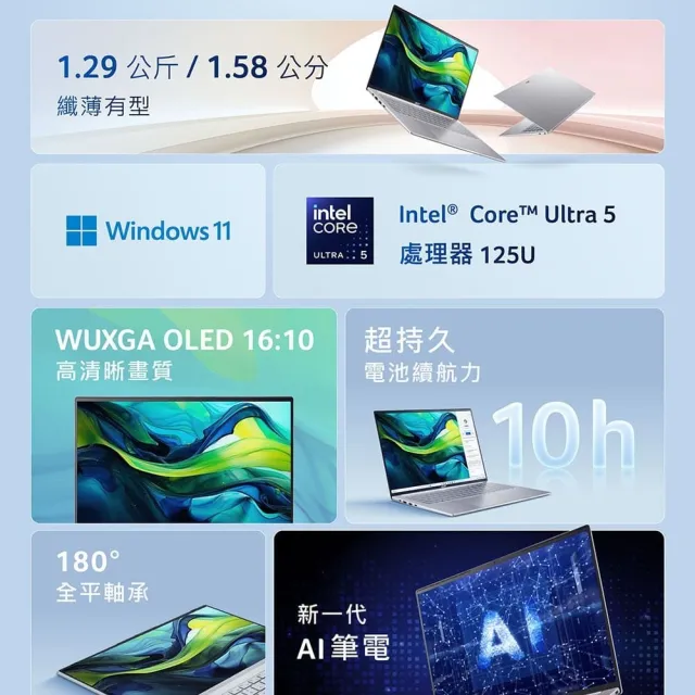 【Acer】微軟M365組★16吋Ultra 5 AI OLED輕薄筆電(Swift Lite/SFL16-51M-59M6/Ultra 5-125U/16G/512G/W11)