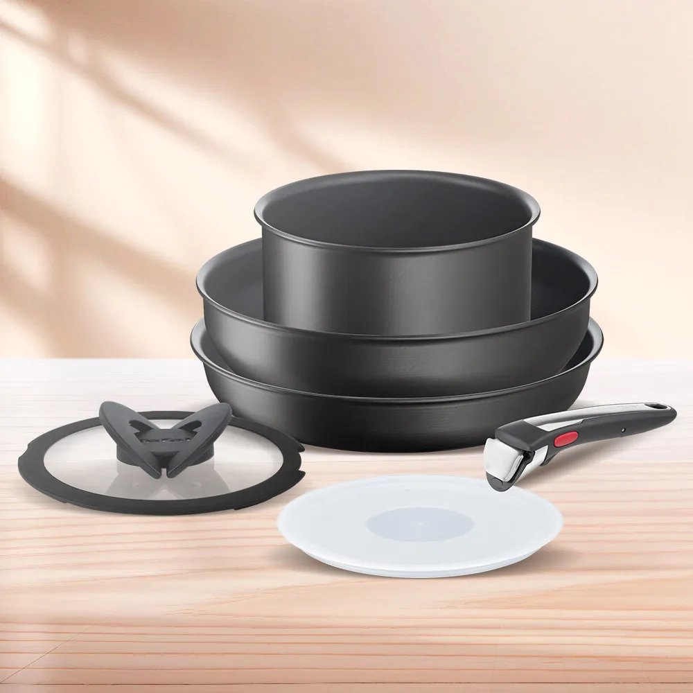 【Tefal 特福】momo獨家 法國製巧變精靈系列可拆式不沾鍋3鍋6件組-夜黑(IH爐可用鍋/電磁爐適用)
