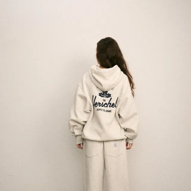 【Herschel】官方直營 男款 女款 素面LOGO長袖帽T 淺灰色/深藍色
