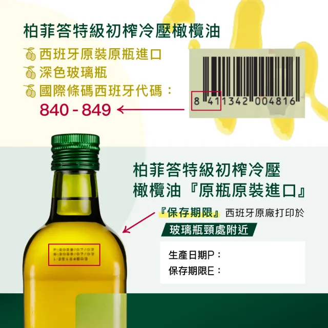 【慕雅利華】柏菲答+梧堤耶特級初榨冷壓橄欖油(1000mlx3瓶+1000mlx3瓶)