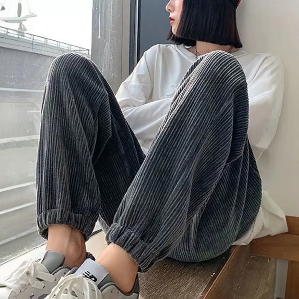 【D.studio】韓版加絨加厚高腰束腳寬褲 褲子 休閒褲 高腰褲 直筒褲 黑褲 發熱褲 保暖褲 秋冬女裝P302