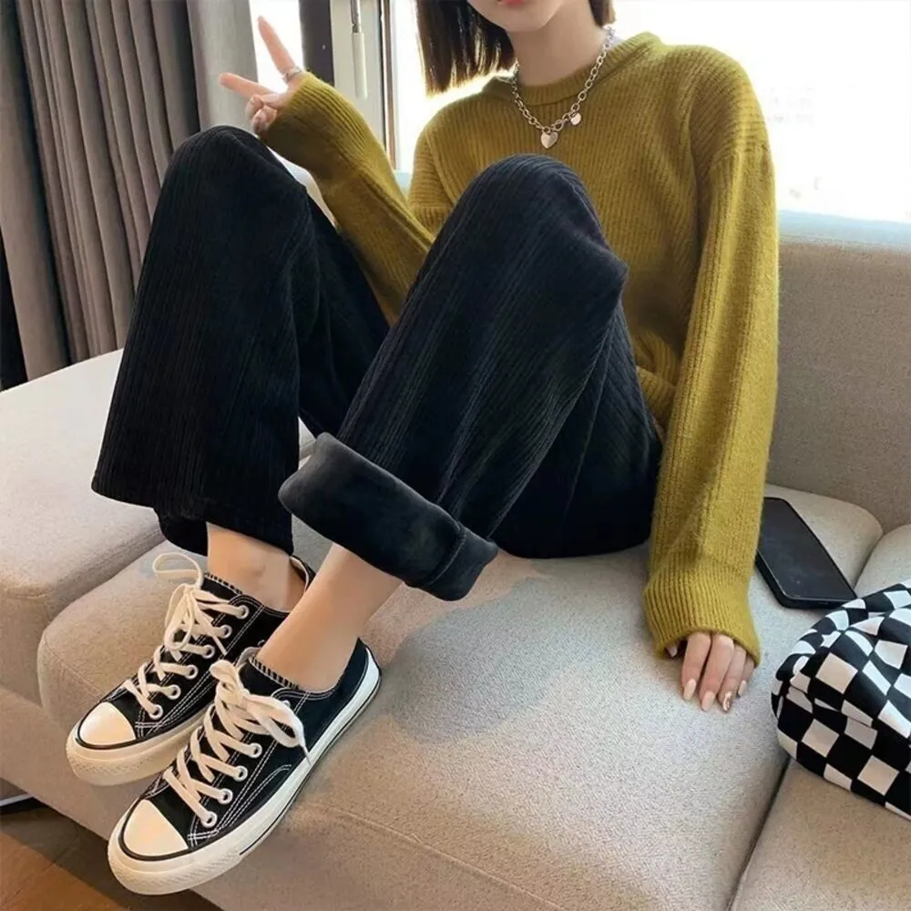 【Uicy】韓版加絨加厚奶油色系高腰寬鬆寬褲 寬褲 褲子 女裝P302
