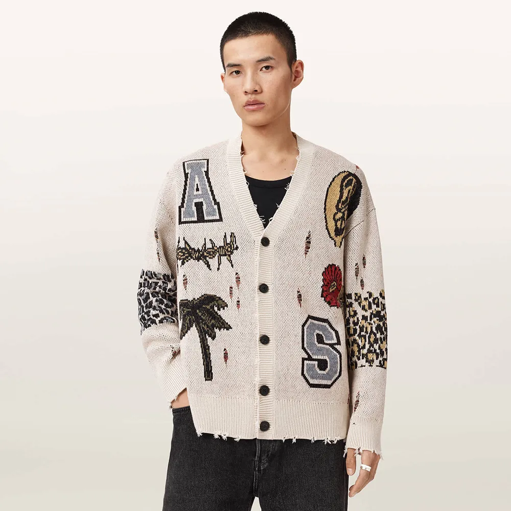 【ALLSAINTS】FOXX 破壞塗鴉羊毛針織外套 M052KE(寬鬆版型)