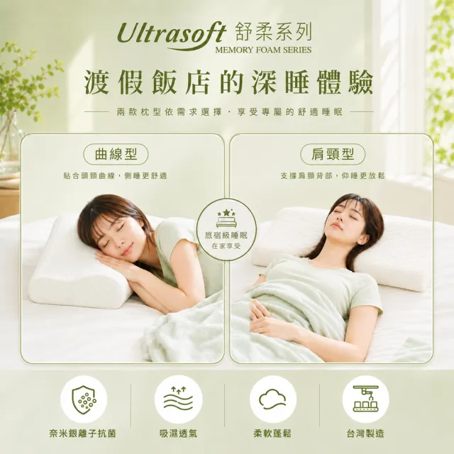 【Fulux 弗洛克】Ultrasoft舒柔記憶枕 德國銀離子抗菌技術、Tencel天絲莫代爾(曲線型/肩頸型)