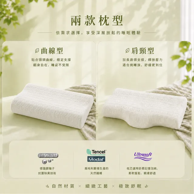 【Fulux 弗洛克】Ultrasoft舒柔記憶枕 德國銀離子抗菌技術、Tencel天絲莫代爾(曲線型/肩頸型)