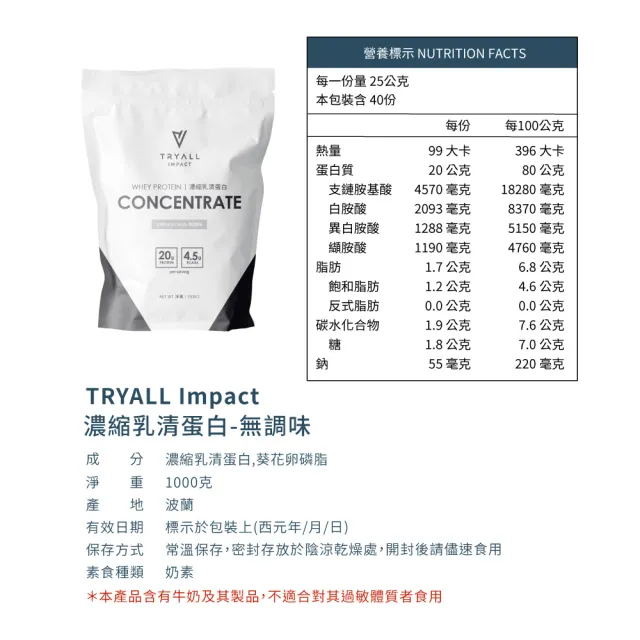 【TRYALL】Impact 濃縮乳清蛋白-無調味 (1kg/袋)