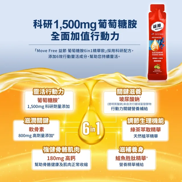 【Move Free 益節】葡萄糖胺六合一精華飲4盒(1包25ml共120包 葡萄糖胺/軟骨素/玻尿酸鈉/鈣/關鍵/保健)