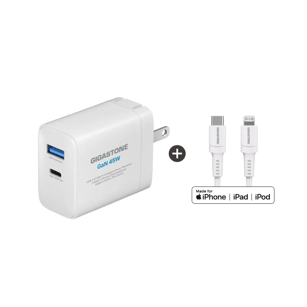 【Gigastone 立達國際】45W雙孔快速充電器 + Lightning 30W蘋果充電線 (iPhone 14以下/iPad)