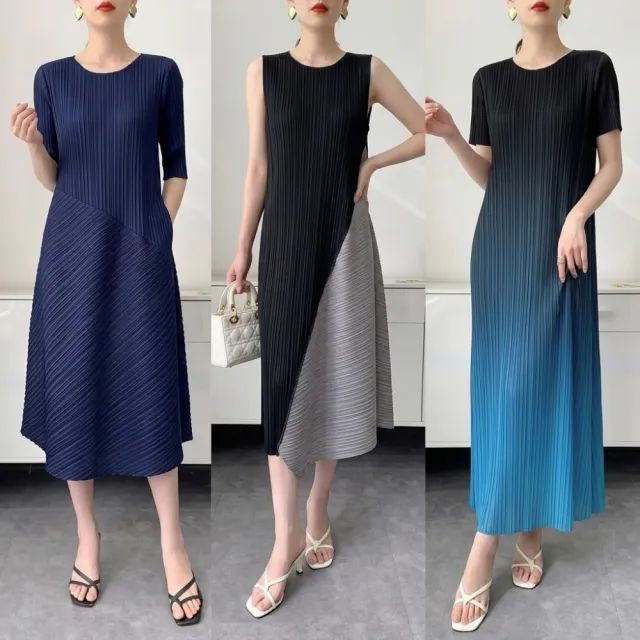 【巴黎精品】多款三宅風皺褶衣服摺衣洋裝折衣連身裙壓褶裙(短袖上衣長裙無袖拼色A字裙大尺碼女裝n1jq69 B)