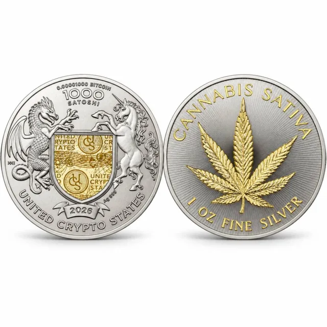 (行闊國際) -United Crypto States -大麻葉 | 鍍釕鍍金 1oz 精鑄銀幣 |  精品盒裝