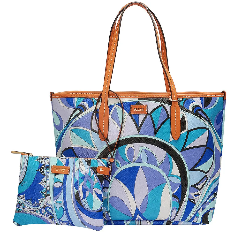【EMILIO PUCCI】真皮 幾何印花牛皮飾邊子母包(真皮包包 中-松石綠-附萬用小袋41BE15-4122