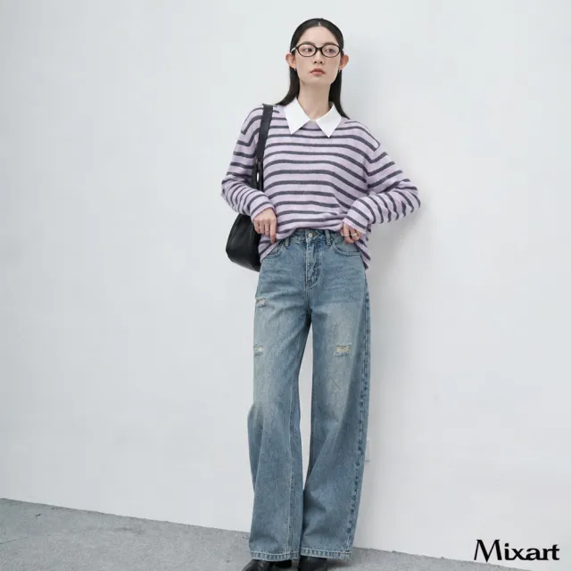 【Mixart】牛仔 寬褲 復古刷色破損廓型牛仔寬褲