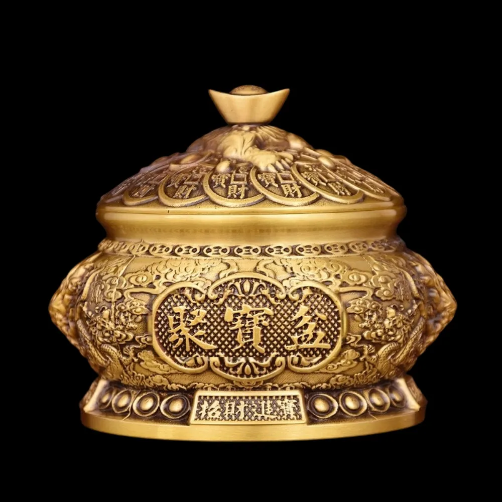 聚寶盆12cm純黃銅聚寶盆招財金蟾元寶擺件銅製有蓋存錢罐辦公室客廳桌上