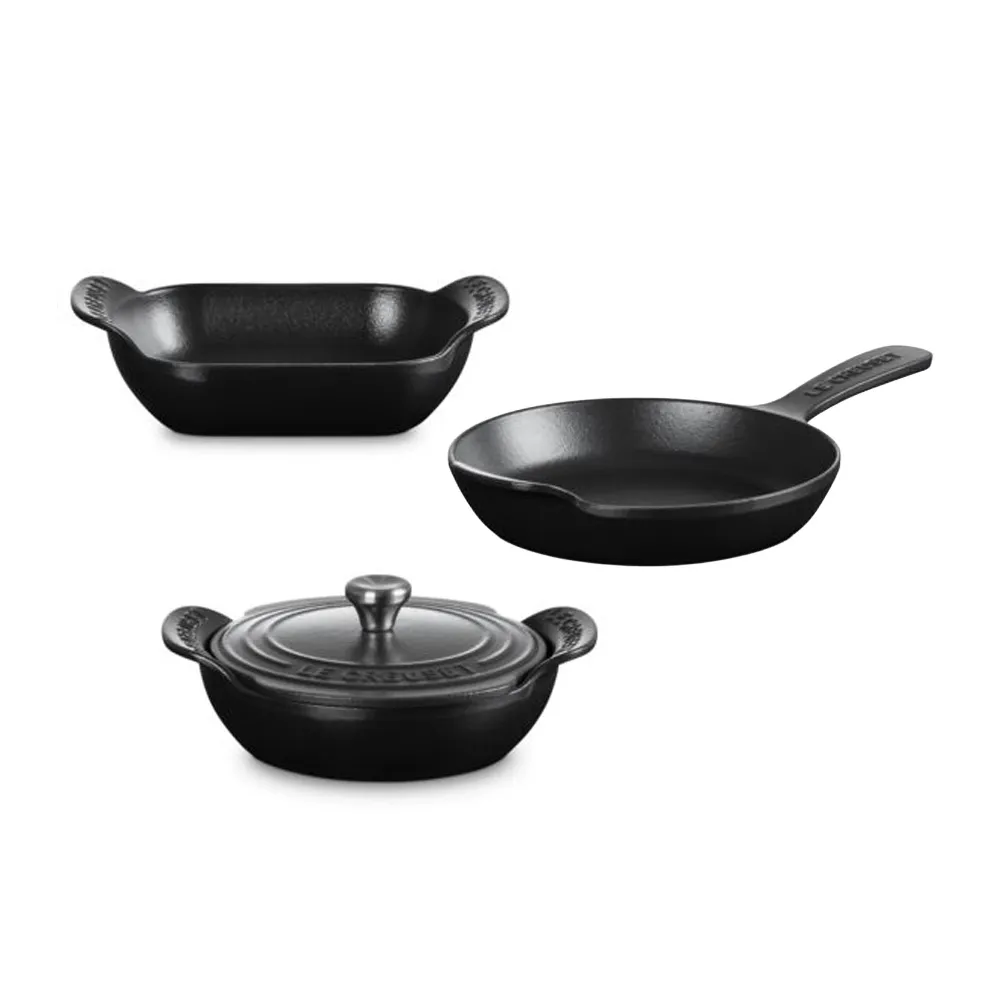 【Le Creuset】 法製Gourmand 專業迷你鑄鐵鍋具3入組(烤盤13cm、煎盤16cm、鐵鍋13cm)
