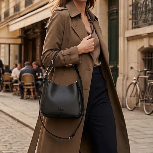 【TORY BURCH】THEA 荔枝紋磁釦手提/斜背二用包-黑色/小