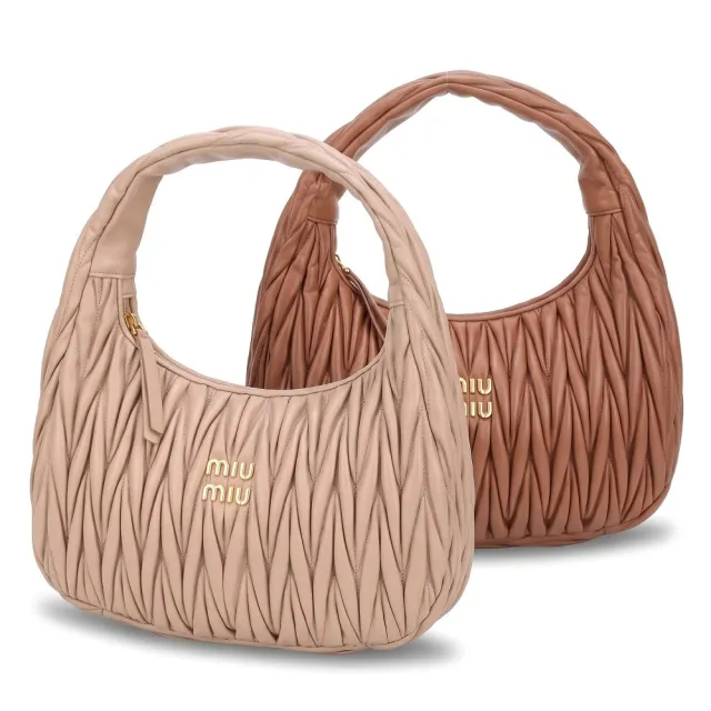 【MIU MIU】Wander Matelasse 30CM 皺褶納帕皮革肩背包(2色 手提 腋下包 真皮)