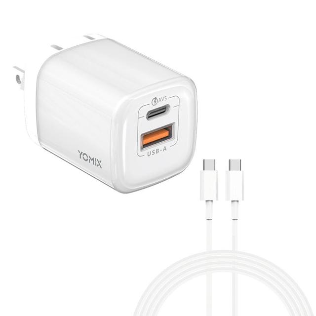 【YOMIX 優迷】60W充電線組★60W GaN氮化鎵迷你雙孔快充充電器(Type-C/USB-A/PD3.0/筆電快充/充電頭)