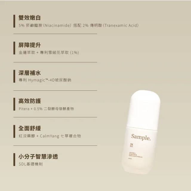 【Sample. 打漾】SK02 極光雪絨煥亮精華乳 60ml（雙效美白│勻亮膚色│水潤透亮│4D玻尿酸保濕）