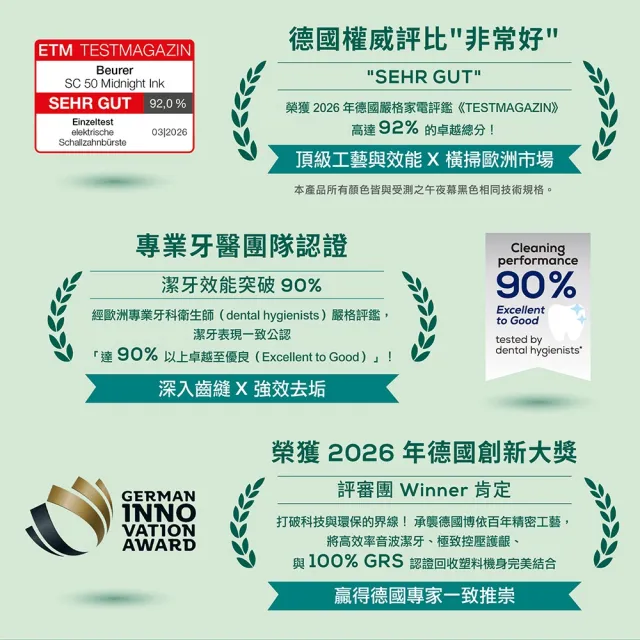 【beurer 德國博依】超潔淨音波電動牙刷 SC 50-薄荷沁綠-全效潔牙組(壓力感測/計時提醒/5種模式)