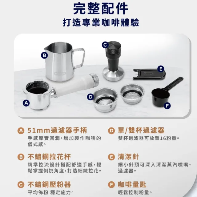 【Delonghi 迪朗奇】官方直營 半自動義式咖啡機EC890.WI(霧雪白/冰鋒銀/冰魄黑2026新色)