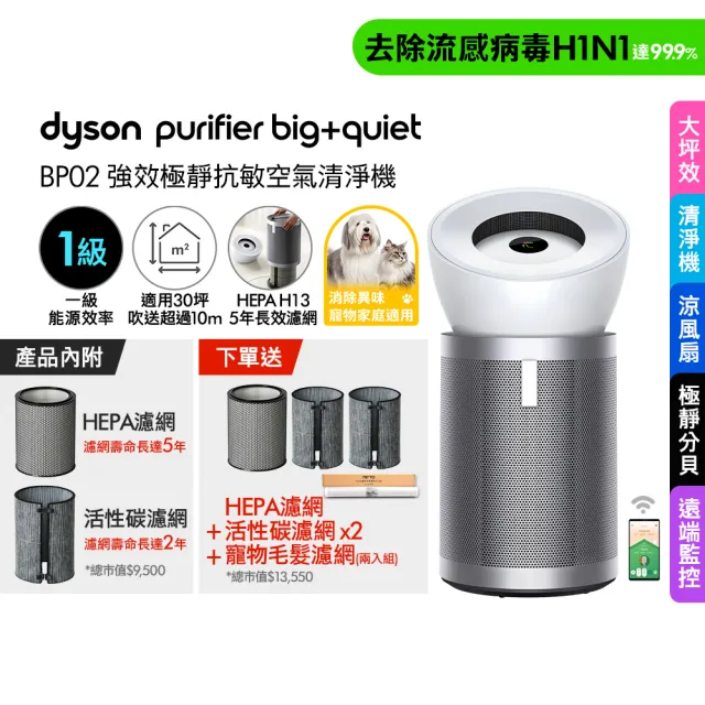 【dyson 戴森】BP02 Purifier Big+Quiet 強效極靜抗敏空氣清淨機(白色及柔霧銀 適用30坪)