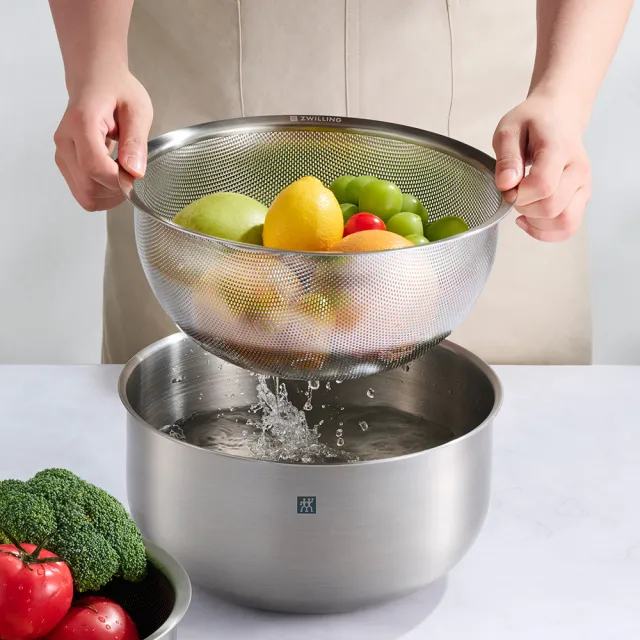【ZWILLING 德國雙人】Prep不鏽鋼多功能瀝水刨絲調理盆3件組24cm附包/防割手套(德國雙人牌集團官方直營)