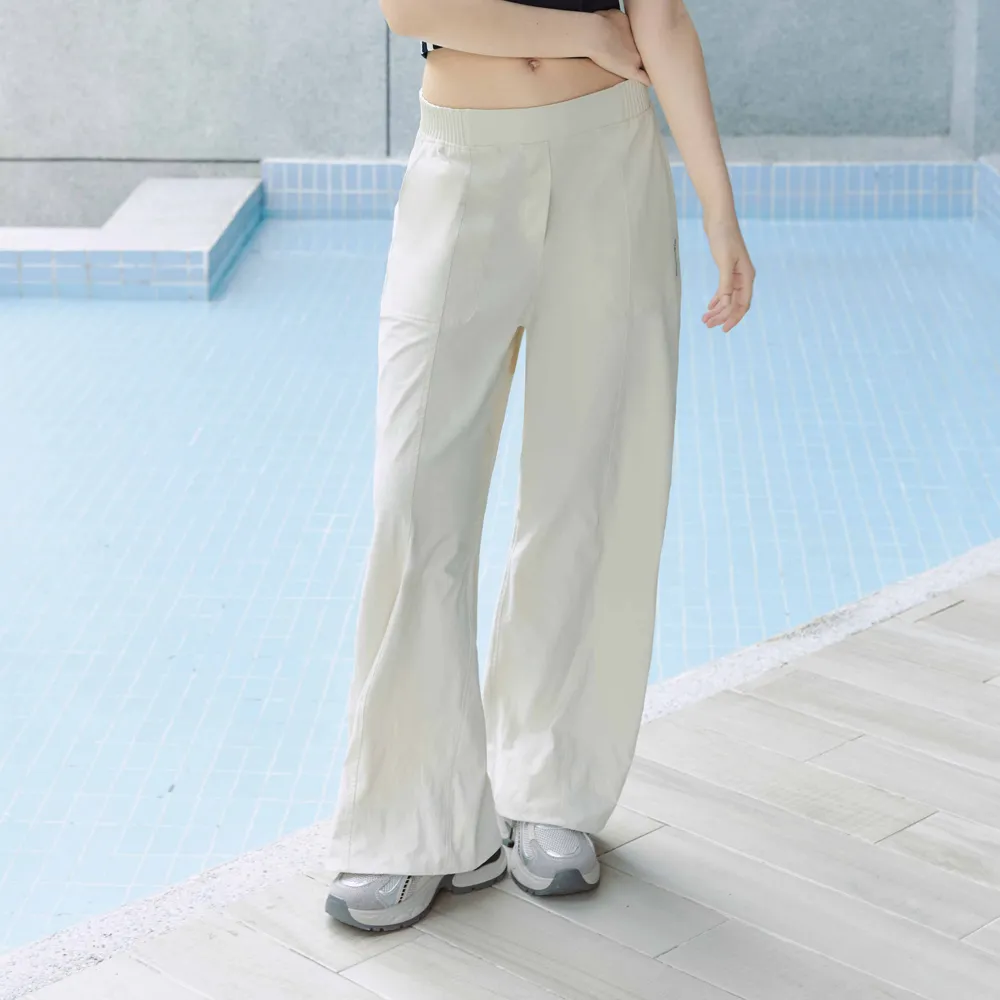 【ELLE ACTIVE】女款 鬆緊腰頭彈性修身寬褲-白色(EA26S3W3401-91)