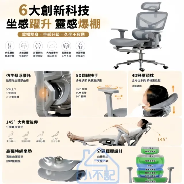 【小不記】人體工學椅 可躺電腦椅 老板椅 可調頭枕 旋轉扶手 自適應腰托 伸縮腳踏 透氣網布 辦公椅 電競椅