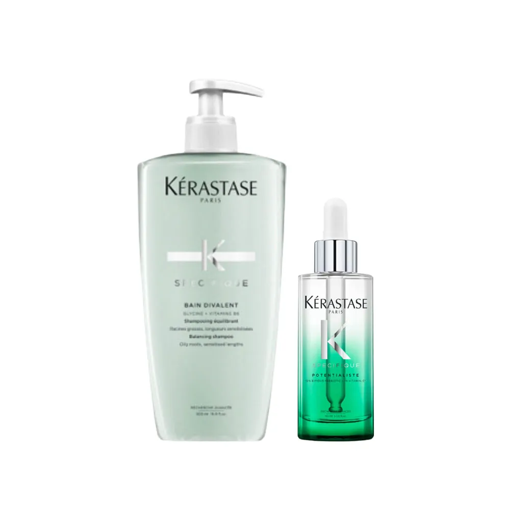 【KERASTASE 巴黎卡詩】胺基酸平衡舒緩髮浴500ml+極酵平衡頭皮精華90ml(大容量頭皮調理組)