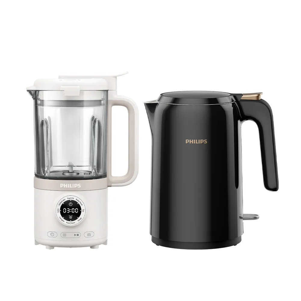 【Philips 飛利浦】破壁營養冷熱豆漿調理機+不鏽鋼快煮壺1.5L(HR2038/30+HD9389)