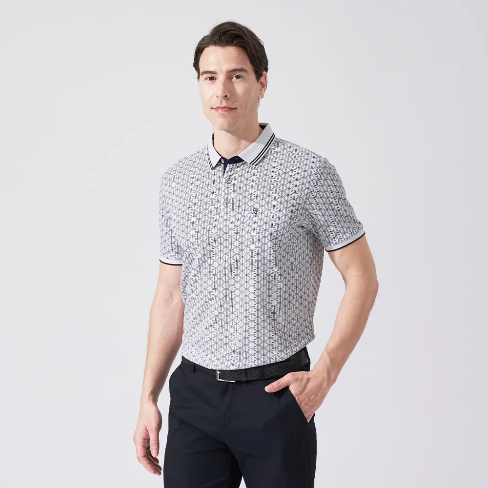 【pierre cardin 皮爾卡登】休閒服飾 男款 網眼印花短袖POLO衫-白色(5247268-90)