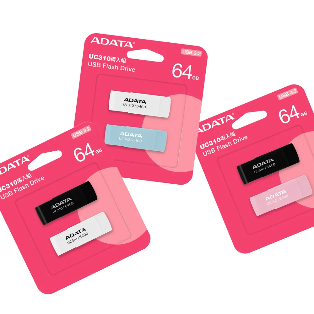 【ADATA 威剛】UC310 USB3.2 Gen1 64G+64G 旋轉隨身碟(雙色兩入組)